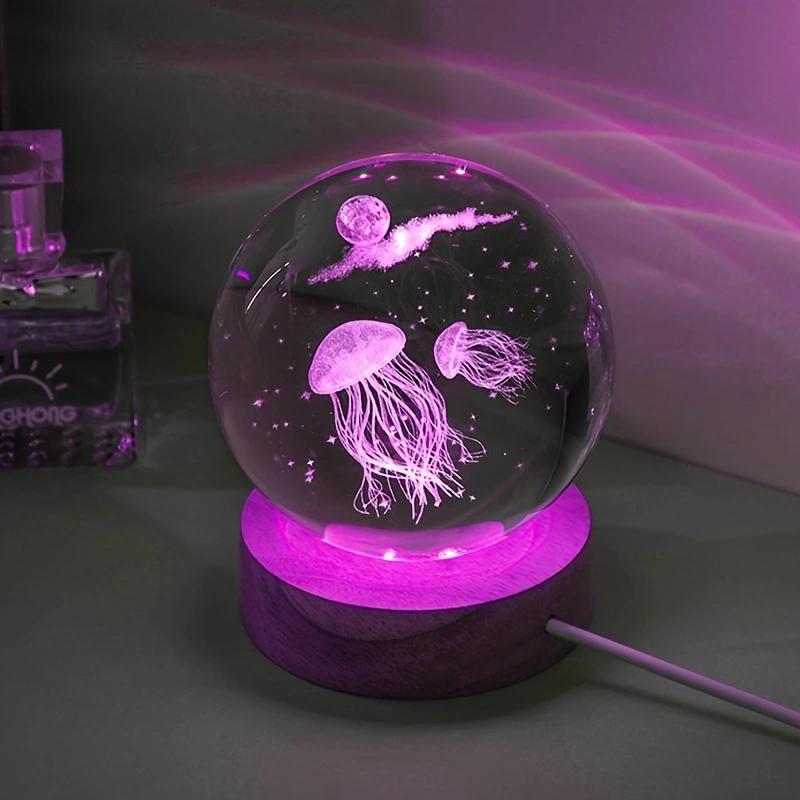 Floating Nightstand With Led Light - 3D 해파리 레이저 새겨진 수정 구슬