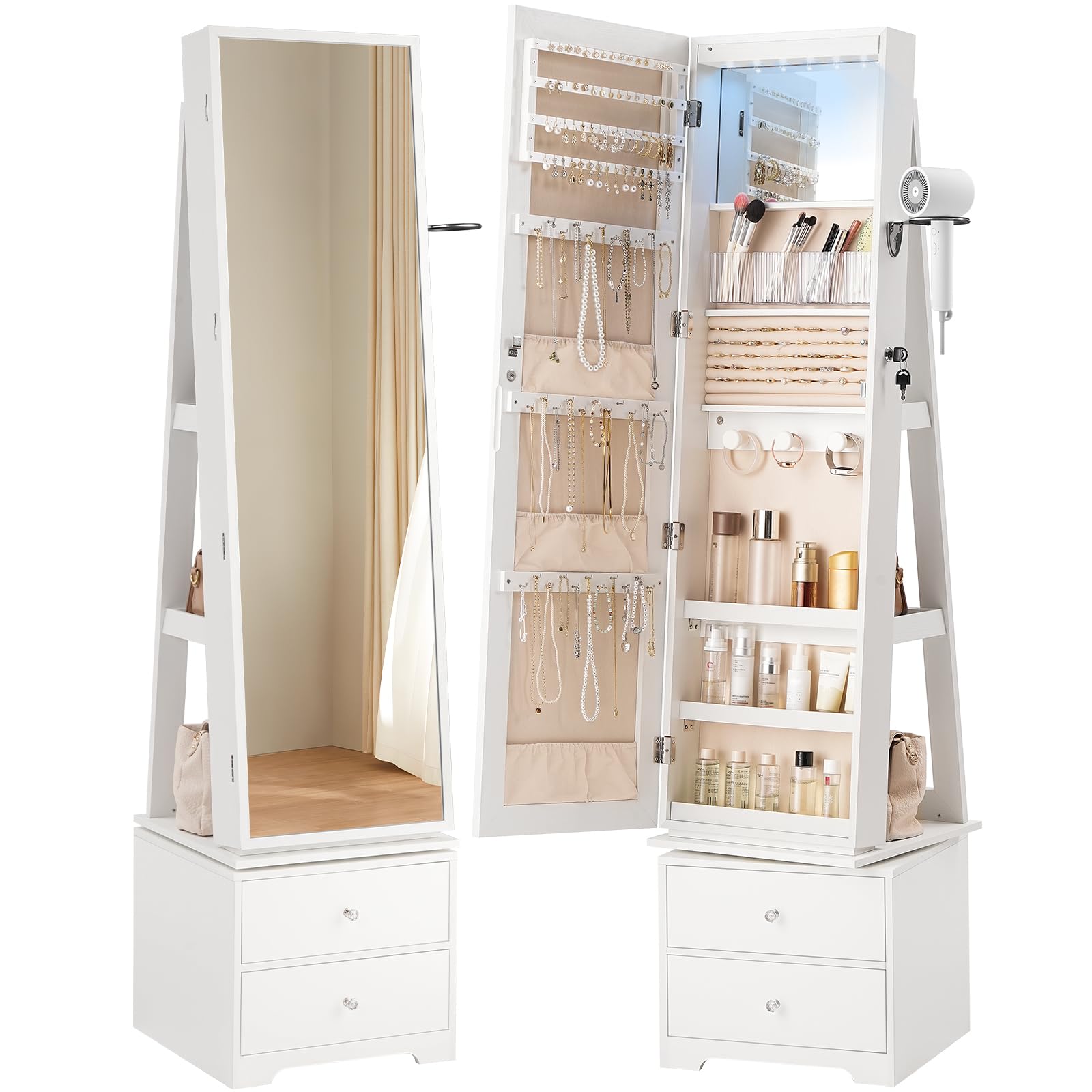 Full Length Mirror Jewelry Armoire - 360 ° LED 조명이 장착된 회전식