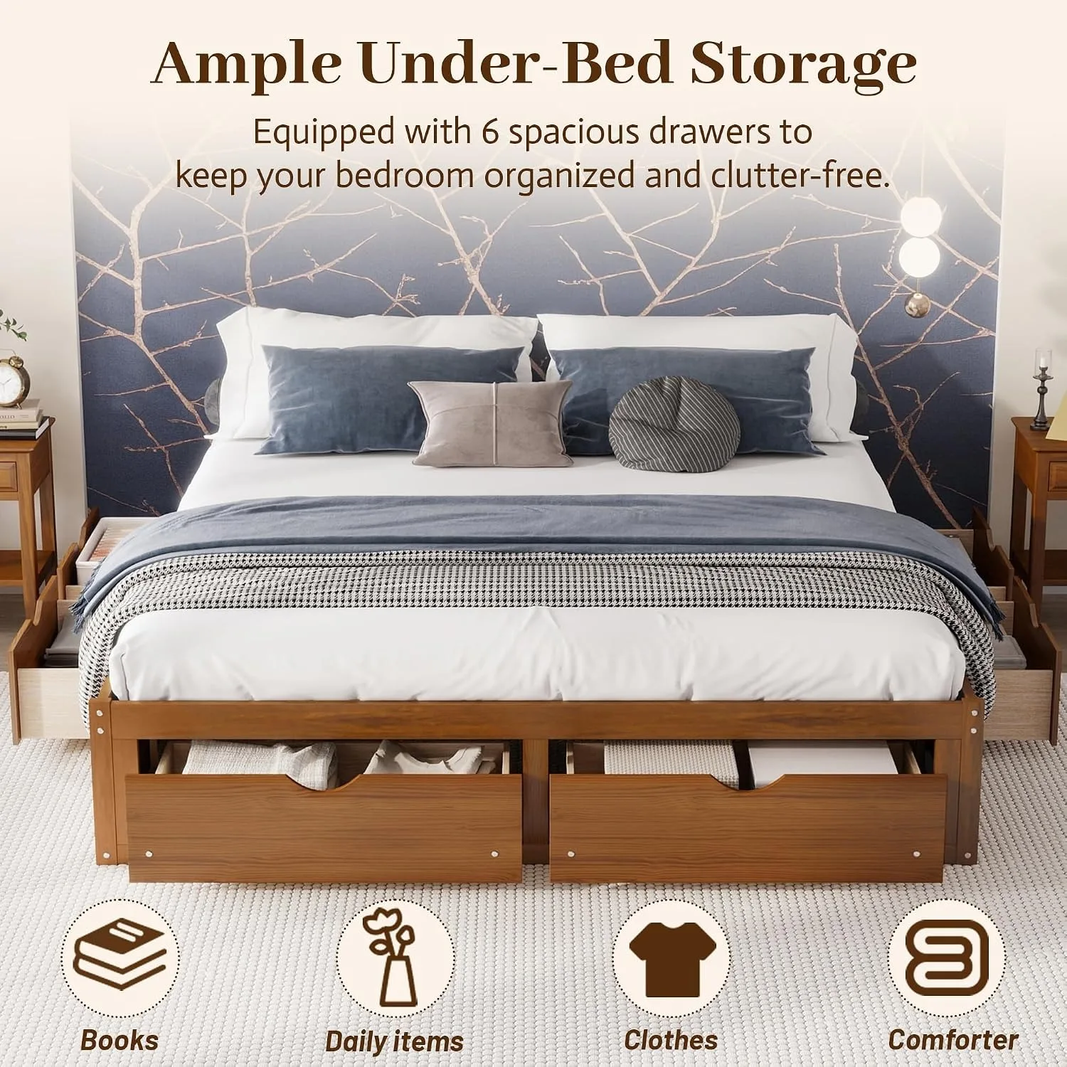 King Size Bed Frame With Storage Drawers - 미니멀한 디자인의 소나무 소재 플랫폼 침대