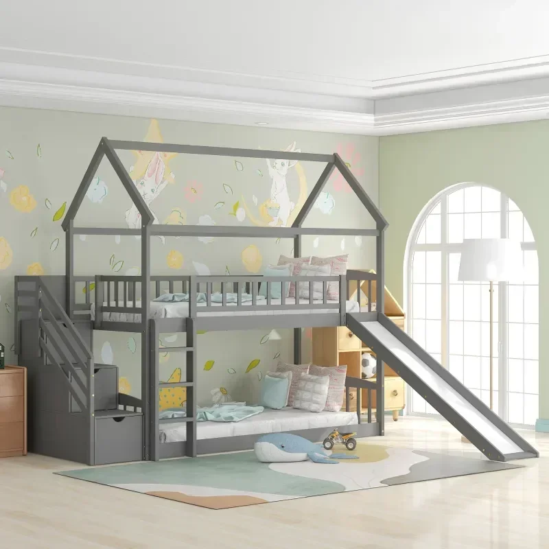 튼튼한 원목 소재의 어린이용 2층 침대, 미끄럼틀과 계 - Bunk Bed With Stairs And Slide 리뷰 및 가격