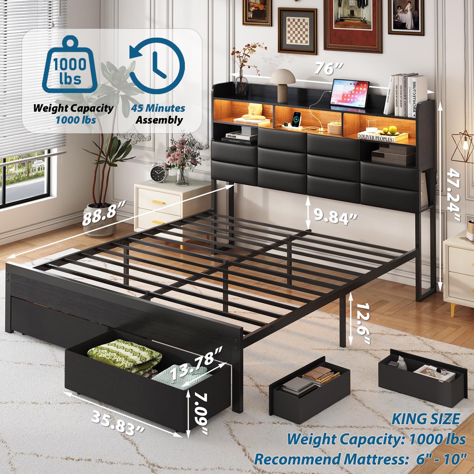 수납 서랍과 충전 스테이션이 있는 킹사이즈 침대 프레임 - King Size Bed Frame With Storage Drawers 리뷰 및 가격