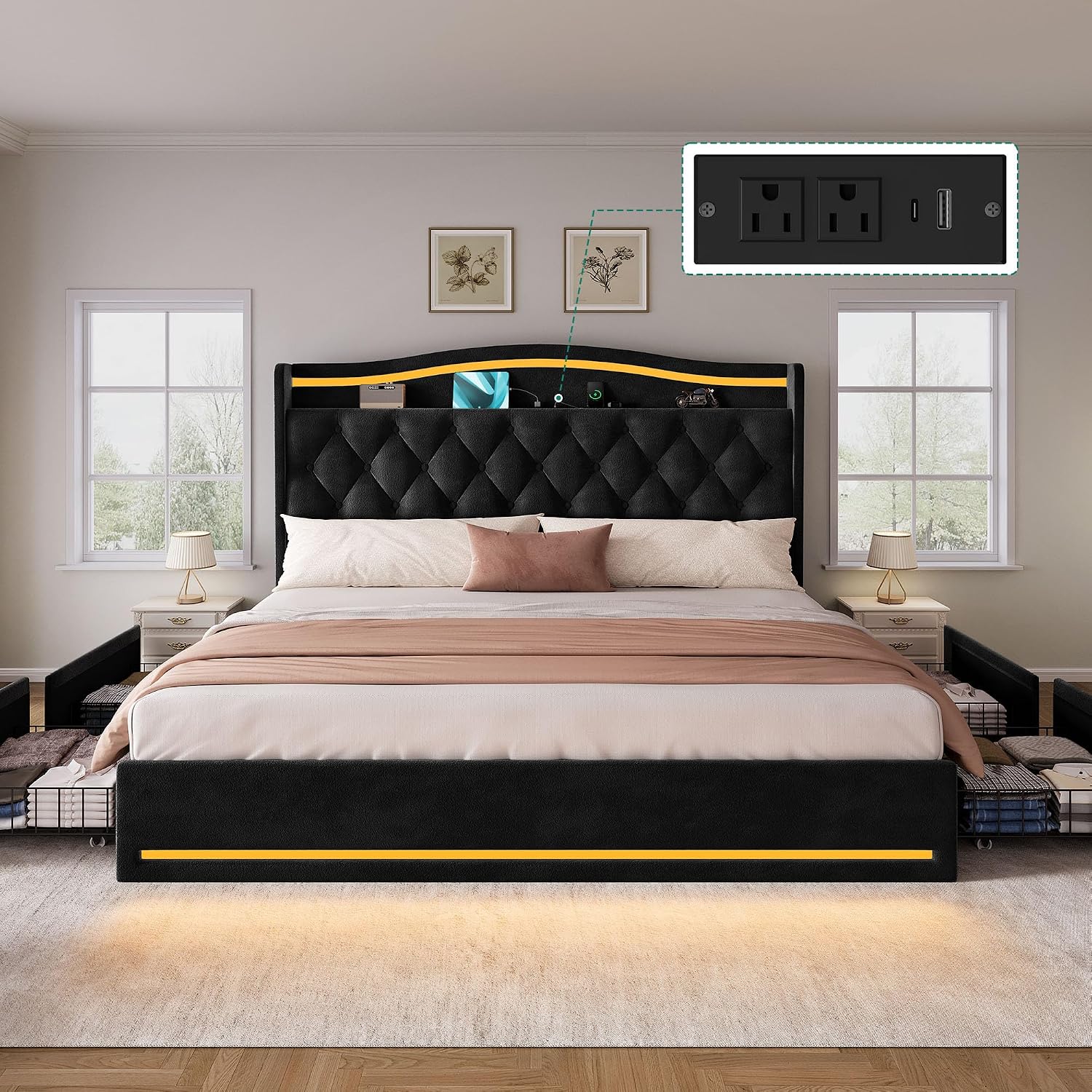 4개의 수납 서랍과 RGB LED 조명이 장착된 킹사이 - King Size Bed Frame With Storage Drawers 리뷰 및 가격