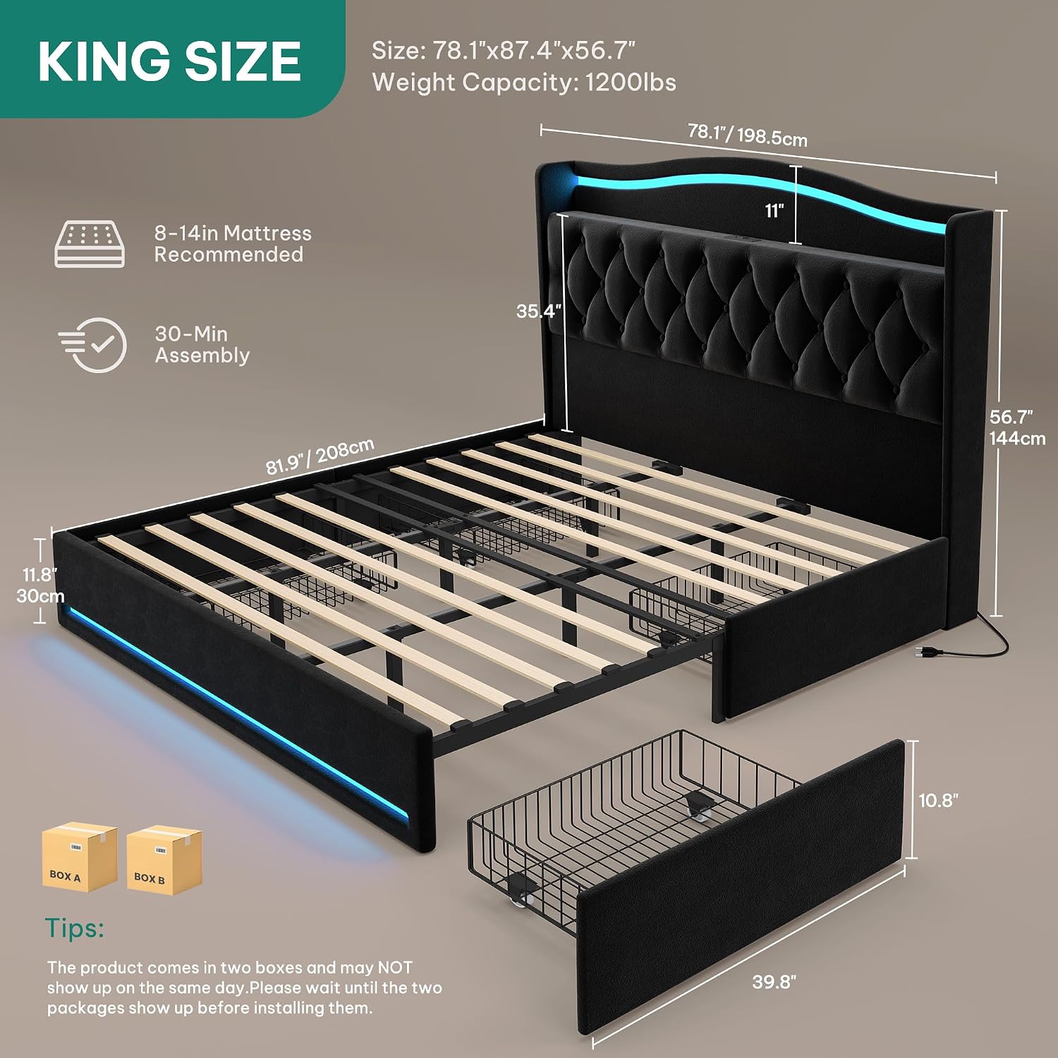 4개의 수납 서랍과 RGB LED 조명이 장착된 킹사이 - King Size Bed Frame With Storage Drawers 리뷰 및 가격