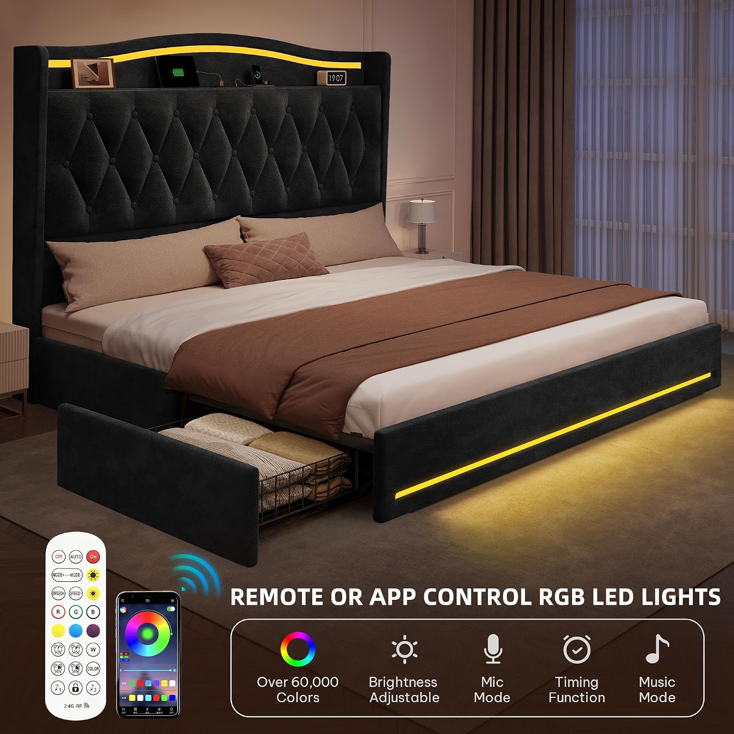 4개의 수납 서랍과 RGB LED 조명이 장착된 킹사이 - King Size Bed Frame With Storage Drawers 리뷰 및 가격