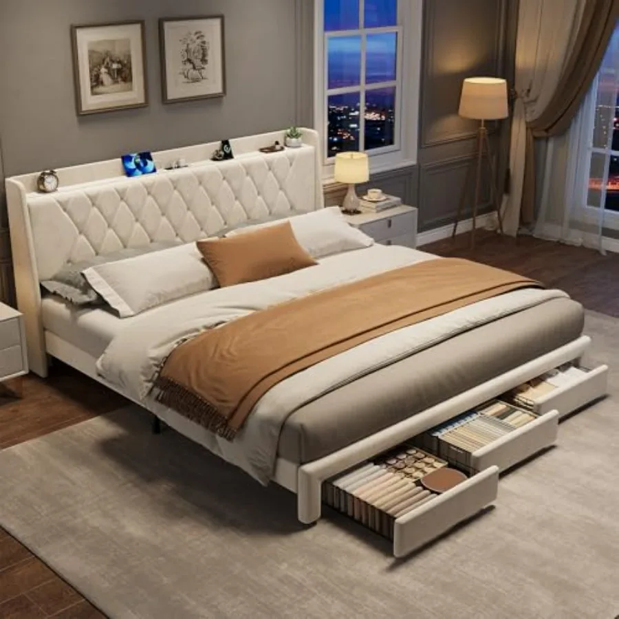 크리스탈 장식 퀼팅 헤드보드, 3개의 수납 서랍, 내장 - King Size Bed Frame With Storage Drawers 리뷰 및 가격