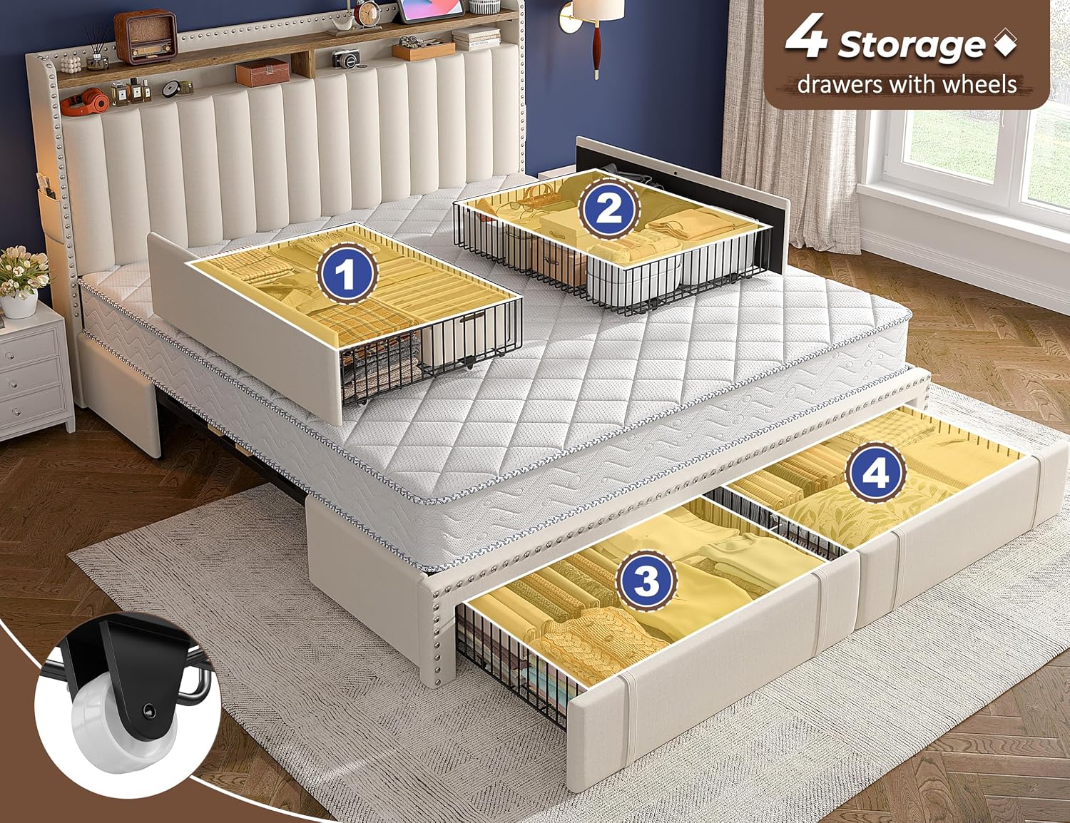 킹사이즈 침대 프레임, 수납 서랍 4개 및 수납형 헤드 - King Size Bed Frame With Storage Drawers 리뷰 및 가격